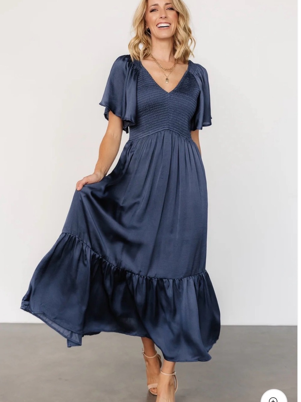 Baltic Born Navy Smocked V-Neck Flutter Sleeve Maxi Dress. Plus size 1X